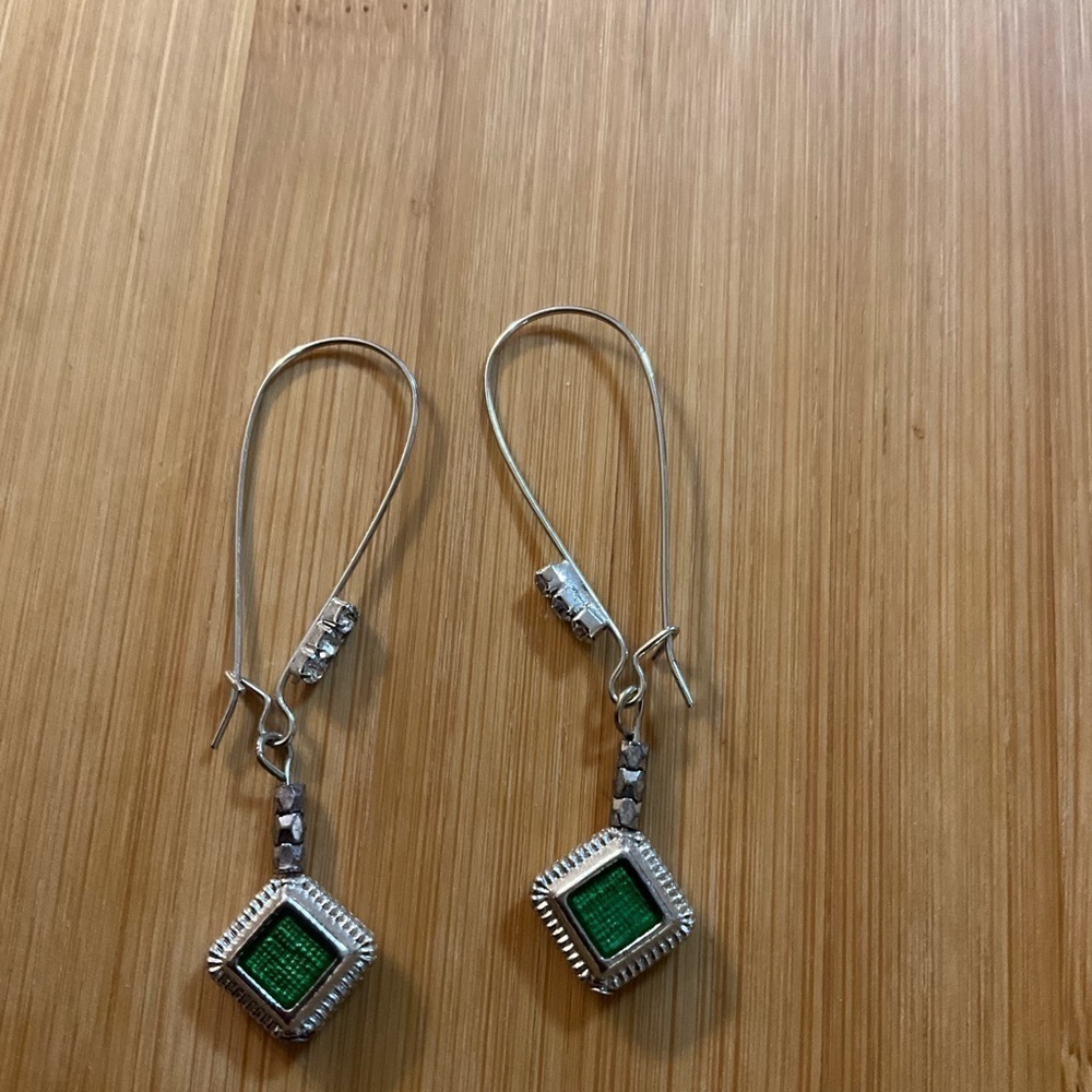 Hand Crafted Earrings Green Enamel Charm on Fish Hook with Rhinestones - Picture 6 of 6